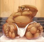  2022 anthro aotoaka belly big_belly bodily_fluids brown_body brown_fur feet fur hi_res humanoid_hands kemono male mammal moobs navel nipples overweight overweight_male sitting solo sweat towel ursid 