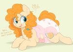  big_diaper blue_eyes cutie_mark dialogue diaper diaper_fetish earth_pony english_text equid equine female feral friendship_is_magic hair hasbro hi_res horse lying mammal my_little_pony on_front orange_hair pear_butter_(mlp) pony puffy_diaper quadruped shuphle text 