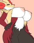 2022 anthro areola bedroom_eyes big_areola big_breasts black_body black_hands black_legs breasts canid canine chest_tuft clawed_fingers claws clothing curvaceous curvy_figure delphox digital_media_(artwork) ear_tuft erect_nipples eyebrows eyelashes female fur genitals hi_res huge_breasts mammal mature_female multicolored_body narrowed_eyes nastycalamari nintendo nipples pink_areola pink_nipples pinup pok&eacute;mon pok&eacute;mon_(species) pose puffy_nipples pussy red_eyes red_nose red_robe robe seductive simple_background smug solo standing tuft video_games voluptuous white_body white_breasts white_fur wide_hips yellow_body yellow_fur 