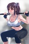  1girl armpits arms_up bangs barbell bare_arms bare_shoulders black_gloves blurry blurry_background blush breasts capri_pants collarbone commentary_request exercise eyebrows_visible_through_hair feet_out_of_frame fingerless_gloves fingernails glint gloves gym hair_ornament hair_scrunchie heavy_breathing highres igarashi_kyouhei kazuno_sarah love_live! love_live!_sunshine!! medium_breasts midriff navel open_mouth pants purple_eyes purple_hair scrunchie side_ponytail sidelocks simple_background solo sports_bra sportswear stomach sweat tight tight_pants toned twintails weight weightlifting workout_clothes yoga_pants 