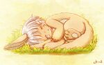  1other animal_ears artist_name brown_background closed_eyes commentary_request facing_viewer furry grass grey_hair highres lying made_in_abyss nanachi_(made_in_abyss) nina_(maurururoa) nude on_grass on_ground on_side other_focus parted_lips signature sleeping solo tail whiskers 