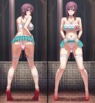  1girl ass blush breasts brown_hair cleavage clothes_lift high_heels highres holding holding_clothes huge_breasts kamegawara_nikuo lace lace-trimmed_legwear lace-trimmed_panties lace_panties lace_trim lifted_by_self looking_at_viewer medium_hair miniskirt original panties purple_eyes red_footwear sex_toy shirt skirt skirt_lift strapless strapless_shirt thighhighs underwear vibrator vibrator_under_clothes vibrator_under_panties white_legwear 