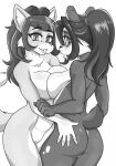  anthro breast_squish breasts breasts_frottage butt canid canine daigaijin duo female female/female fox fur genitals giant_panda greyscale hair hi_res looking_at_viewer looking_back mammal monochrome pussy rear_view scut_tail short_tail squish ursid 