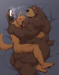  2022 absurd_res anthro bed belly big_belly black_nose blush brown_body brown_fur canid canine canis cellphone cuddling domestic_dog duo embrace eyes_closed fur furniture hi_res hug humanoid_hands jumperbear kemono lying male male/male mammal overweight overweight_male phone pillow smartphone ursid 