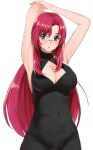  1girl armpits breasts commentary_request covered_navel glasses highres kazami_mizuho large_breasts long_hair looking_at_viewer onegai_teacher parted_lips pink_hair presenting_armpit purple_eyes red_hair sleeveless sleeveless_turtleneck solo teacher turtleneck yoo_tenchi 