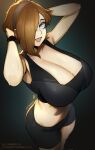  1girl absurdres arms_up aurahack black_sports_bra blue_eyes breasts brown_hair cleavage crop_top curvy from_above hair_over_one_eye hairband highres huge_breasts navel open_mouth original short_hair shorts sports_bra sweat thighs wristband 