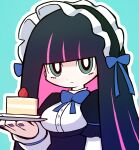  1girl aqua_background aqua_eyes bangs black_hair blunt_bangs bow cake colored_inner_hair food fruit headdress holding holding_plate long_hair multicolored_hair panty_&amp;_stocking_with_garterbelt pink_hair plate solo stocking_(psg) strawberry suta_(clusta) two-tone_hair upper_body 