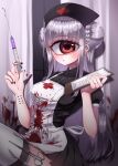  1girl apron arm_piercing bangs blood blood_on_clothes blunt_bangs blush braid braided_bun clipboard collared_shirt cyclops double_bun dress ear_piercing earrings eyebrows_visible_through_hair finger_piercing grey_hair hat highres holding holding_clipboard holding_syringe holster jewelry knee_up long_hair looking_to_the_side mntimccz monster_girl multiple_earrings nurse nurse_cap one-eyed original parted_lips piercing pleated_dress red_eyes scalpel scissors shirt short_dress short_sleeves skindentation solo syringe thigh_holster thighhighs very_long_hair 