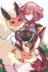  1girl absurdres bangs black_gloves breasts chest_jewel crossover earrings fingerless_gloves flareon gloves highres jewelry juneplums large_breasts pokemon pokemon_(creature) pyra_(xenoblade) red_eyes red_hair red_legwear red_shorts short_hair short_shorts shorts swept_bangs thighhighs tiara xenoblade_chronicles_(series) xenoblade_chronicles_2 
