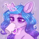  absurd_res big_ears blue_hair clothing container cup equid equine eyebrows eyelashes female feral gunya hair half-closed_eyes hasbro hat headgear headwear hi_res horn izzy_moonbow_(mlp) looking_down mammal mlp_g5 my_little_pony narrowed_eyes purple_body solo tired unicorn unicorn_horn 