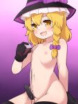  1boy :d bangs black_gloves black_headwear black_legwear blush bow braid commentary_request condom condom_on_penis cookie_(touhou) cowboy_shot erection fang frilled_hat frills genderswap genderswap_(ftm) gloves gradient gradient_background hair_between_eyes hat hat_bow kirisame_marisa long_hair looking_at_viewer male_focus navel nipples nude open_mouth otoko_no_ko penis pouring pouring_onto_self purple_background purple_bow rei_(cookie) side_braid single_braid smile solo thighhighs touhou valentine witch_hat yuuutsu_shan 