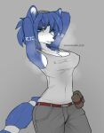 2021 anthro belt blue_body blue_ears blue_fur blue_hair blue_tail bodily_fluids bottomwear breasts canid canine clothed clothing female fox fully_clothed fur grey_background grey_bottomwear grey_clothing grey_shirt grey_topwear hair haxxyramdhan hi_res krystal mammal nintendo nipple_outline shirt simple_background sleeveless_shirt solo star_fox sweat topwear video_games white_body white_breasts white_fur 