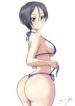  1girl ass bikini blue_bikini blue_eyes blush breasts bukkuri closed_mouth dated girls_und_panzer glasses grey_hair highres huge_ass large_breasts looking_at_viewer looking_back rumi_(girls_und_panzer) shiny shiny_hair shiny_skin short_hair side-tie_bikini sideboob simple_background smile solo standing swimsuit thong white_background 