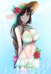  1girl ark9378 bikini black_survival braid breasts brown_hair cleavage clothing_cutout collarbone eternal_return:_black_survival flower_bikini green_eyes gweon_sua hair_ribbon hat highres large_breasts long_hair looking_at_viewer navel official_alternate_costume partially_submerged ribbon sarong sun_hat swimsuit symbol-shaped_pupils underboob underboob_cutout very_long_hair water 