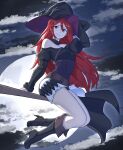  1girl absurdres alternate_costume bare_shoulders black_footwear black_headwear boots broom broom_riding cloud cloudy_sky commission cordelia_(fire_emblem) fire_emblem fire_emblem_awakening fire_emblem_fates full_moon grimmelsdathird grin hat high_heels highres long_hair long_sleeves looking_at_viewer moon night night_sky outdoors red_eyes red_hair skirt sky smile solo star_(sky) starry_sky very_long_hair white_skirt witch witch_hat 