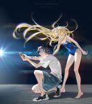  1boy 1girl aiming ajiro_shinpei bangs bare_legs barefoot black_eyes black_hair blonde_hair blue_eyes blue_shorts blue_swimsuit breasts casual chromatic_aberration cleavage closed_mouth commentary copyright_name english_commentary floating_hair gun hand_on_another&#039;s_back highres holding holding_gun holding_weapon kobune_ushio legs legs_apart lens_flare light light_rays long_hair medium_breasts messy_hair one_knee parted_lips revolver serious shadow shirt shoes short_hair shorts spaghetti_strap standing summertime_render swimsuit tattoo tidsean v-shaped_eyebrows weapon white_shirt 