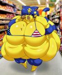  absurd_res american_flag_bikini animal_crossing ankha_(animal_crossing) anonymous_artist anthro bikini blue_hair clothing domestic_cat eating egyptian felid feline felis female hair hi_res mammal morbidly_obese morbidly_obese_anthro morbidly_obese_female nintendo obese obese_anthro obese_female overweight overweight_anthro overweight_female solo stars_and_stripes swimwear united_states_of_america video_games walmart yellow_body 