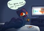  anthro big_butt butt dark_body dialogue fangs felid female food grey_background highlights_(coloring) looking_at_viewer looking_back mae_borowski mammal night_in_the_woods open_mouth pizza rear_view simple_background solo television video_games websheck whiskers wide_hips 