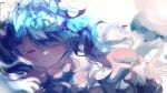 1girl bangs blue_hair blurry blurry_foreground close-up closed_eyes closed_mouth cloud commentary dappled_sunlight eyebrows_behind_hair face facing_viewer flower fuyuzuki_gato hand_up hatsune_miku light_rays long_hair magical_mirai_(vocaloid) pink_flower portrait smile solo sunlight swept_bangs tears twintails twitter_username vocaloid 