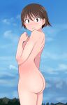  1girl ass back bangs blue_sky blush brown_eyes brown_hair clenched_hand closed_mouth commentary completely_nude cowboy_shot day eyebrows_visible_through_hair flat_chest frown girls_und_panzer horizon isobe_noriko looking_at_viewer looking_back nude outdoors short_hair sky solo standing sweat tanaka_rikimaru 