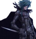  1boy armor black_cape blood breastplate cape clawed_gauntlets fantasy gauntlets green_hair hair_over_eyes holding holding_sword holding_weapon long_hair male_focus meimaru_inuchiyo open_mouth original reverse_grip scar scar_on_face simple_background sketch solo spiked_hair sword teeth upper_teeth vambraces weapon white_background 