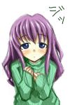  1girl blue_eyes blush blush_stickers commentary commentary_request eyebrows_visible_through_hair gaoo_(frpjx283) green_sweater long_hair looking_at_viewer looking_up original own_hands_clasped own_hands_together purple_hair sweater translation_request 