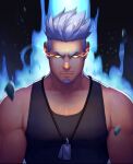  1boy artist_request aura bad_source bara biceps facial_hair frown glowing glowing_eyes grey_hair gyee jewelry looking_at_viewer male_focus mature_male miles_(gyee) muscular muscular_male necklace official_art solo spiked_hair stubble tank_top undercut upper_body yellow_eyes 