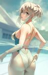  1girl :o adjusting_buruma adjusting_clothes adjusting_swimsuit ass bare_shoulders blue_eyes breasts buruma butt_crack clothes_pull competition_swimsuit cowboy_shot day duplicate eyebrows_visible_through_hair from_behind grey_hair highleg highleg_swimsuit highres kekemotsu looking_at_viewer looking_back medium_breasts medium_hair nape one-piece_swimsuit original partially_submerged partially_underwater_shot pixel-perfect_duplicate ponytail pool short_ponytail sideboob sidelocks solo swimsuit swimsuit_pull thighs underwater wet white_swimsuit 