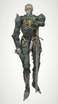  1boy absurdres armor blonde_hair boots breastplate closed_mouth cross dark_knight gauntlets glasgow_smile greaves green_eyes highres holding holding_sword holding_weapon knight latin_cross looking_at_viewer male_focus metal_boots mossacannibalis notched_ear original pauldrons short_hair shoulder_armor simple_background solo standing sword weapon white_background 