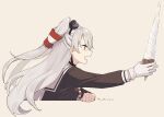  1girl amatsukaze_(kancolle) bangs black_dress commentary_request cropped_torso dress food gloves grey_hair grey_neckerchief hair_between_eyes holding holding_food ice_cream ice_cream_cone ichiroku_(sakumogu-029) kantai_collection long_hair long_sleeves neckerchief orange_eyes profile signature simple_background single_glove solo two_side_up upper_body white_gloves 