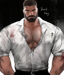  1boy abs arm_hair bara beard black_hair blood blood_on_clothes chest_hair collared_shirt david_king_(dead_by_daylight) dead_by_daylight dirty dirty_clothes dirty_face facial_hair hairy highres jang_ju_hyeon leather leather_belt looking_at_viewer male_focus manly mature_male muscular muscular_male mustache pectoral_cleavage pectorals scar scar_across_eye scar_on_face shirt short_hair solo thick_eyebrows upper_body 