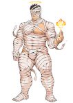  1boy abs alpha_transparency bandage_over_one_eye bandages bara black_hair burnt facial_hair frown half-closed_eyes halo happy large_pectorals male_focus manly mature_male mummy_costume muscular muscular_male naop_(anything) nipples official_alternate_costume official_art open_mouth pectorals solo sparkle spiked_hair stubble thick_arms thick_thighs thighs third-party_source tight tokyo_afterschool_summoners transparent_background yellow_eyes zabaniyya_(halloween)_(housamo) zabaniyya_(housamo) 