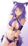  1girl absurdres animal_ears arm_grab bikini bracelet breasts cleavage highres jewelry large_breasts makoto_(princess_connect!) ndsa7423 princess_connect! purple_hair spiked_hair standing swimsuit tail white_background wolf_ears wolf_tail wrist_cuffs yellow_eyes 