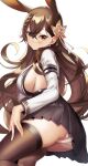  1girl animal_ears armband azur_lane bangs black_legwear black_skirt blush braid breasts brown_hair chikuma_(azur_lane) closed_mouth commentary_request cowboy_shot crossed_bangs curly_hair dot_nose earrings eyebrows_visible_through_hair frilled_skirt frills hair_between_eyes hair_ornament hair_over_shoulder hair_ribbon jewelry long_hair long_sleeves looking_at_viewer looking_back medium_breasts mole mole_under_mouth omochimochi orange_eyes panties pantyhose pantyshot rabbit_ears rabbit_girl ribbon shadow shiny shiny_hair sideboob simple_background skirt solo thighhighs tress_ribbon underwear white_background white_panties white_ribbon 