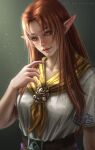  1girl absurdres blue_eyes closed_mouth highres icezimy long_hair malon pointy_ears portrait realistic red_hair ribbon simple_background solo the_legend_of_zelda the_legend_of_zelda:_ocarina_of_time yellow_ribbon 