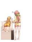  2girls =3 ass bare_legs barefoot blonde_hair brushing_teeth camisole couch crossed_ankles feet from_behind highres holding_another&#039;s_hair hood hoodie idolmaster idolmaster_cinderella_girls jougasaki_mika jougasaki_rika kakaobataa kneeling kneepits long_hair multiple_girls on_couch pajamas pink_hair shorts siblings simple_background sisters standing straight_hair thigh_gap toothbrush towel white_background yellow_shorts 