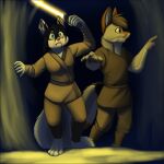  1:1 anthro black_nose blue_eyes canid claws clothed clothing duo foxenawolf fur hair lightsaber male mammal melee_weapon pink_nose star_wars weapon 