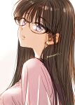  1girl bangs black-framed_eyewear breasts brown_hair commentary eyebrows_visible_through_hair from_side glasses himawari-san himawari-san_(character) long_hair looking_at_viewer parted_lips pink_shirt purple_eyes shirt signature simple_background sketch solo sugano_manami upper_body white_background 