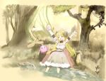  1girl :d :o ^_^ ahoge animal_ears arms_up bangs blonde_hair blue_eyes closed_eyes commentary_request crossover curled_horns dress eyebrows_visible_through_hair grass grey_dress harp holding hololive horns instrument kirby kirby_(series) log long_hair lunacats parted_lips sheep_ears sheep_girl sheep_horns sitting smile soaking_feet tree tsunomaki_watame very_long_hair virtual_youtuber water 
