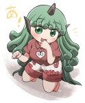  1girl barefoot blush cloud_print collared_shirt curly_hair eyebrows_visible_through_hair green_eyes green_hair highres horns kariyushi_shirt komano_aunn long_hair open_mouth red_shirt rokugou_daisuke shirt short_sleeves shorts signature single_horn smile solo touhou white_background white_shorts 