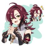  1boy ahoge armor brown_hair choker genshin_impact green_eyes japanese_armor kote kurokote long_hair looking_at_viewer low_ponytail male_focus mole mole_under_eye multicolored_hair multiple_views open_mouth red_hair shikanoin_heizou sleeveless smile tamakibi two-tone_hair 