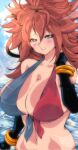  1girl android android_21 bikini blue_eyes breasts brown_hair checkered_bikini checkered_clothes cleavage curly_hair detached_sleeves dragon_ball dragon_ball_fighterz front-tie_bikini front-tie_top highres kinakomochi_(user_vedc2333) large_breasts long_hair looking_at_viewer ringlets standing swimsuit 