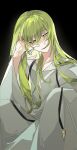  1other allsu_official androgynous bangs black_background commentary_request enkidu_(fate) fate/grand_order fate/strange_fake fate/zero fate_(series) green_eyes green_hair highres korean_commentary long_hair long_sleeves looking_away robe simple_background smile solo upper_body very_long_hair white_robe 