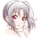  1girl anibache bangs birthday blush commentary eyebrows_visible_through_hair kazuno_sarah long_hair looking_at_viewer love_live! love_live!_sunshine!! nude pink_eyes portrait purple_hair side_ponytail sidelocks solo white_background 