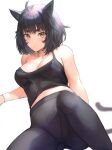  1girl ahoge animal_ears ass ass_visible_through_thighs bangs bare_arms bare_shoulders black_hair black_legwear black_shirt blurry blurry_background breasts cat_ears cat_girl cat_tail cleavage collarbone commentary eyebrows_visible_through_hair highres looking_at_viewer medium_breasts medium_hair original otsukemono pants shadow shirt simple_background solo spread_legs sweat tail tank_top thick_eyebrows thighs white_background yellow_eyes yoga_pants 