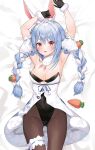  1girl animal_ear_fluff animal_ears armpits arms_up bare_shoulders bed_sheet black_gloves black_leotard blue_hair braid breasts brown_legwear coat detached_sleeves fur_collar fur_trim gloves highleg highleg_leotard highres hololive leg_garter leotard long_hair looking_at_viewer lying medium_breasts munseonghwa on_back on_bed open_mouth pantyhose playboy_bunny rabbit_ears red_eyes short_sleeves solo strapless strapless_coat strapless_leotard thick_eyebrows twin_braids twintails usada_pekora white_coat 