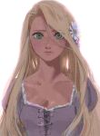  1girl arms_at_sides backlighting bangs blonde_hair breasts cleavage collarbone cross-laced_clothes expressionless eyebrows_visible_through_hair eyes_visible_through_hair flower freckles gori_matsu green_eyes hair_flower hair_ornament highres lace lace_trim long_hair looking_at_viewer parted_lips pink_flower puffy_sleeves rapunzel_(disney) shade simple_background small_breasts solo straight_hair swept_bangs tangled upper_body very_long_hair white_background white_flower yellow_flower 