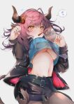  1girl absurdres animal_ears arknights breasts bubble_tea bubble_tea_challenge cow_ears cow_girl cow_horns cow_tail highres horns mirui purple_hair shirt sideroca_(arknights) spoken_sweatdrop sweatdrop tail underboob 