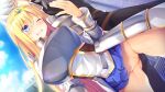  1boy 1girl armor ass_visible_through_thighs b-ginga bangs blonde_hair blue_eyes blue_skirt blue_sky blurry blurry_background blush bracer breastplate breasts censored clenched_teeth clothes_lift cowboy_shot day depth_of_field dutch_angle eyebrows_visible_through_hair eyes_visible_through_hair faulds fiana_kreving game_cg hair_between_eyes hime_to_aiyoku_no_sacrifice large_breasts long_hair mosaic_censoring non-web_source one_eye_closed outdoors pauldrons pussy shoulder_armor skirt skirt_lift sky straight_hair teeth tiara very_long_hair wince 