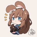  1girl amiya_(arknights) animal_ear_fluff animal_ears arknights bangs beni_shake black_jacket blue_eyes blue_skirt blush brown_background brown_hair brown_legwear chibi closed_mouth commentary crossed_arms eyebrows_visible_through_hair full_body hair_between_eyes jacket long_hair long_sleeves no_shoes notice_lines open_clothes open_jacket pleated_skirt ponytail rabbit_ears signature simple_background skirt smile solo thighhighs very_long_hair 